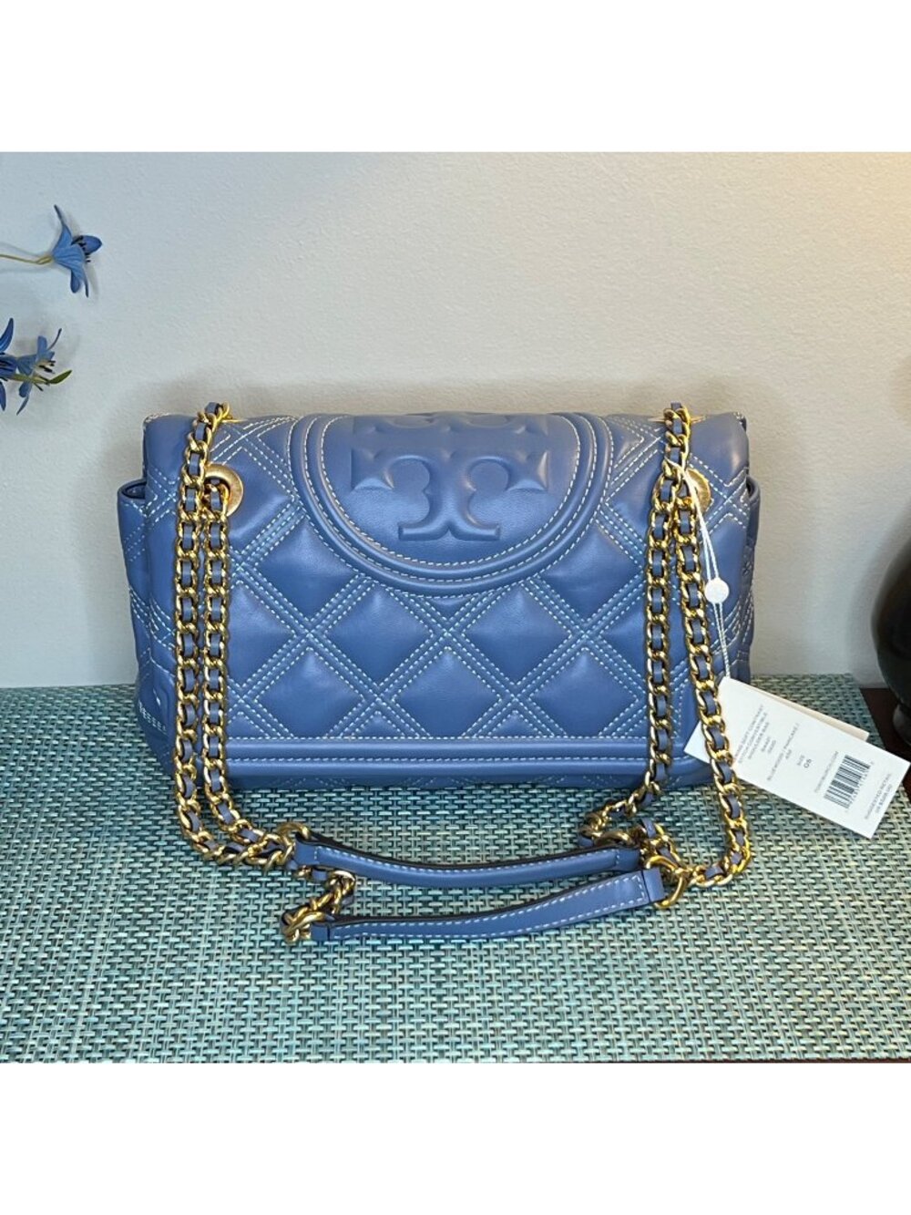 NWT Tory Burch Fleming Soft Contrast-Stitch Convertible Shoulder Bag Blue